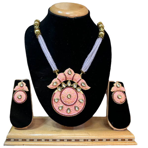 Kundan With Meenakari And Onxy Beads Mala Necklace Earrings Set  #KMS3