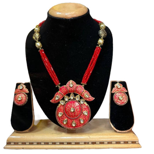 Kundan With Meenakari And Onxy Beads Mala Necklace Earrings Set  #KMS3