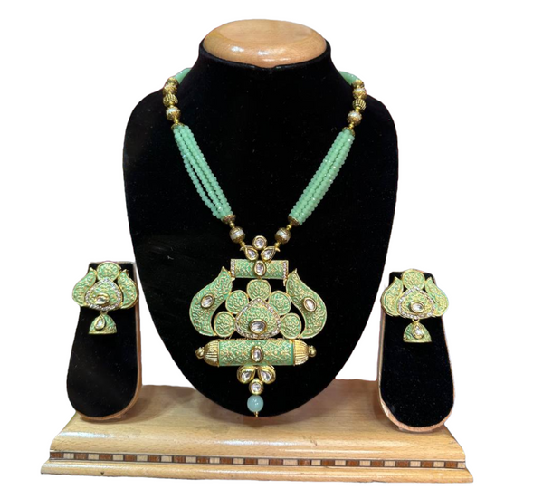 Kundan With Meenakari And Onxy Beads Mala Necklace Earrings Set #KMS4