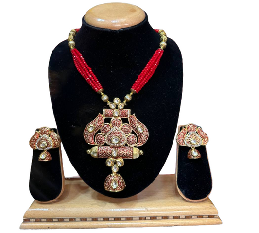 Kundan With Meenakari And Onxy Beads Mala Necklace Earrings Set #KMS4