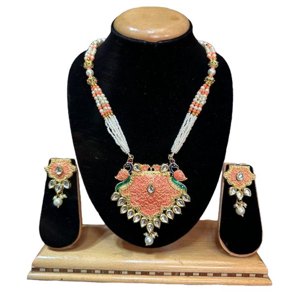 Kundan With Meenakari And Onxy Beads Mala Necklace Earrings Set #KMS6