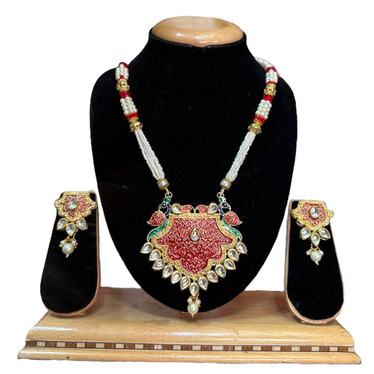 Kundan With Meenakari And Onxy Beads Mala Necklace Earrings Set #KMS6