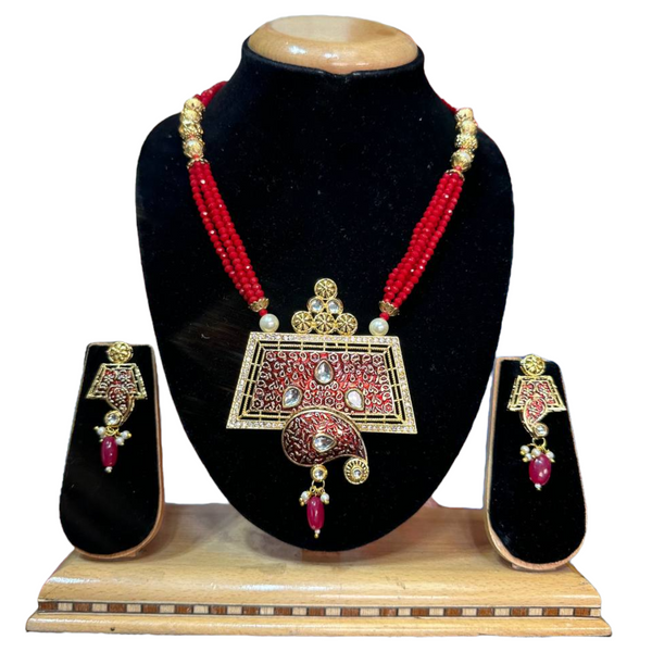 Kundan With Meenakari And Onxy Beads Mala Necklace Earrings Set #KMS5