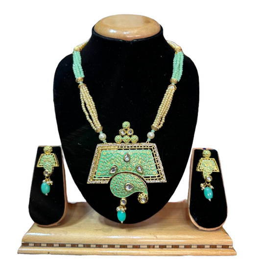 Kundan With Meenakari And Onxy Beads Mala Necklace Earrings Set #KMS5