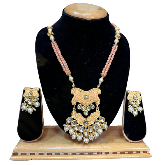 Kundan With Meenakari And Onxy Beads Mala Necklace Earrings Set #KMS7