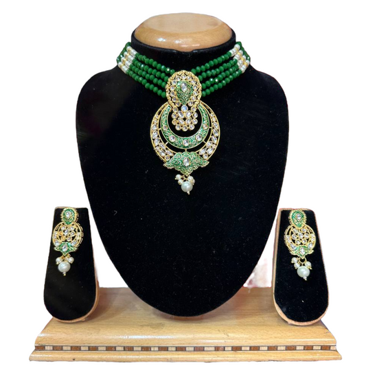 Kundan With Meenakari And Onyx Beads Choker Necklace Earrings Set #KMS11