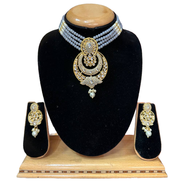 Kundan With Meenakari And Onyx Beads Choker Necklace Earrings Set #KMS11