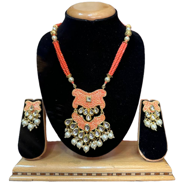 Kundan With Meenakari And Onxy Beads Mala Necklace Earrings Set #KMS7