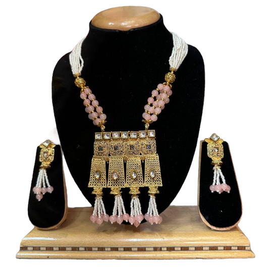 Gold Plated with Kundan And Rice Beads And Pearls Mala Necklace Earrings Set #KMS9