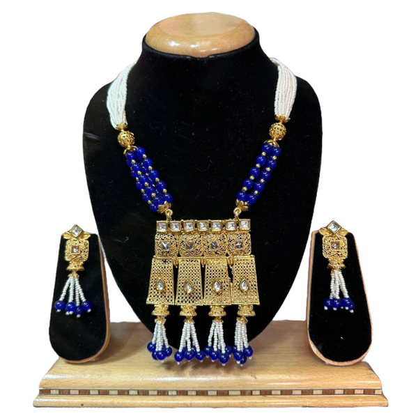 Gold Plated with Kundan And Rice Beads And Pearls Mala Necklace Earrings Set #KMS9
