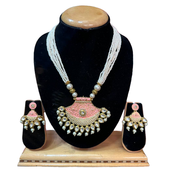 Kundan With Meenakari And Rice Pearls Mala Necklace Earrings Set #KMS10