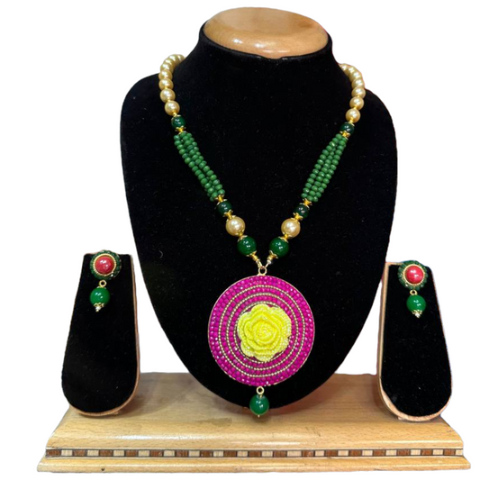 Jaipuri Style 3D Mala With Onyx Beads And Pearls Mala Necklace Earrings Set #JMS1