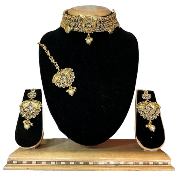 Gold Plated Reverse American Diamond Stones Choker Earrings And Mang Tikka Set #RADC2