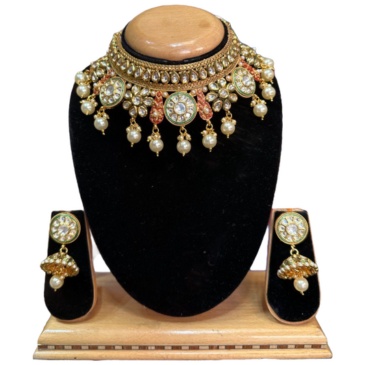 Gold Plated Kundan And Meenakari Choker Necklace And Jhumka Set #RADC4