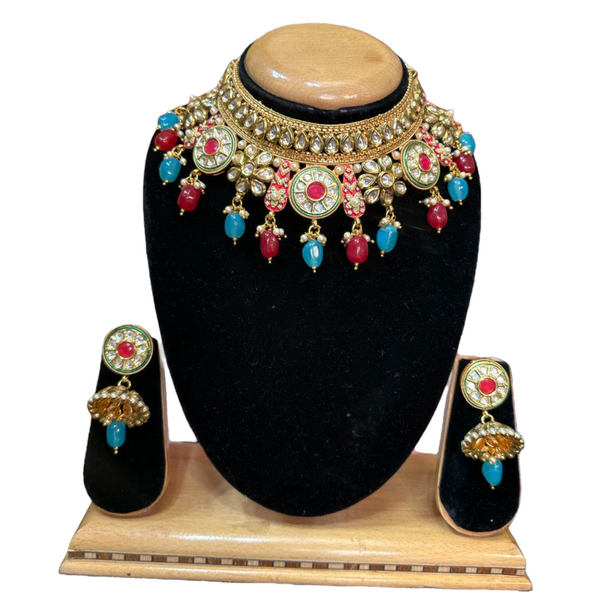 Gold Plated Kundan And Meenakari Choker Necklace And Jhumka Set #RADC4