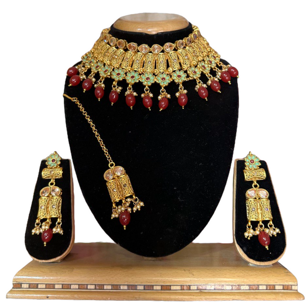 Gold Plated Reverse American Diamond And Meenakari Choker Necklace Jhumka And Mang Tikka Set #RADC5