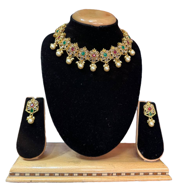 Gold Plated Reverse American Diamond Multi Stones Necklace And Earring Set #RAD17