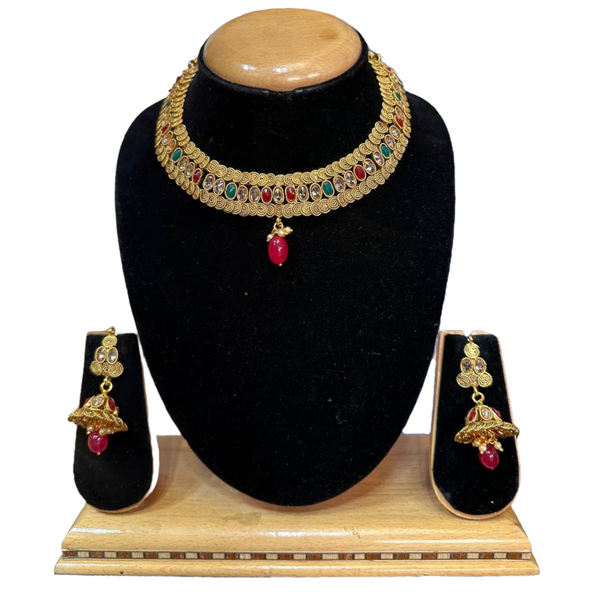 Gold Plated Reverse American Diamond Multi Stones Necklace And Earring Set #RAD18