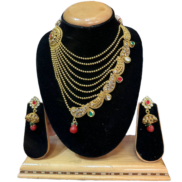 Gold Plated Reverse American Diamond Layered Necklace And Earring Set #RAD19