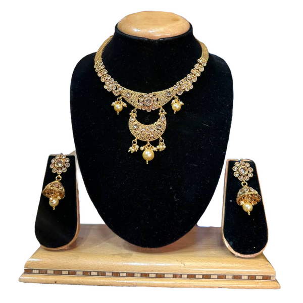 Gold Plated Reverse American Diamond Stones Necklace And Jhumka Earring Set #RAD20