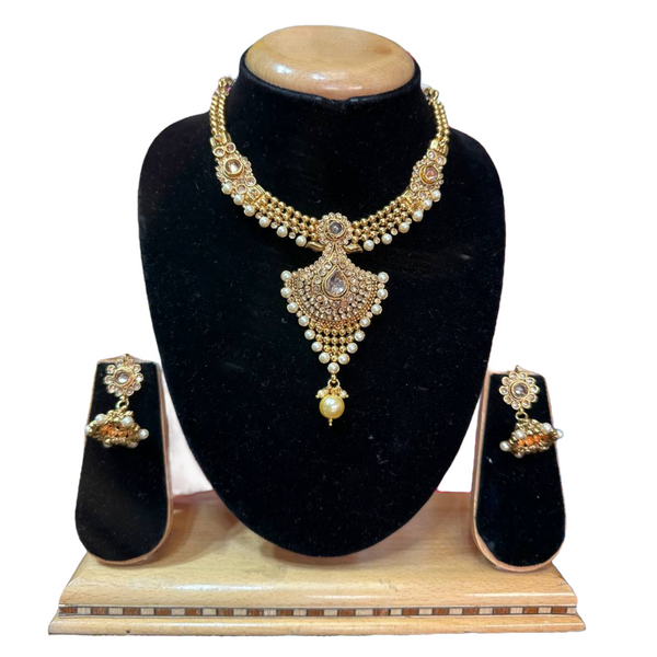 Gold Plated Reverse American Diamond Stones Necklace And Jhumka Earring Set #RAD21