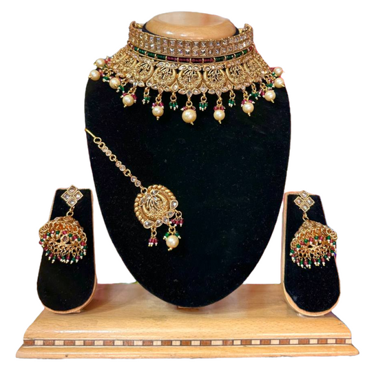 Gold Plated Reverse American Diamond Stones Choker Necklace Jhumka And Mang Tikka Set #RADC6