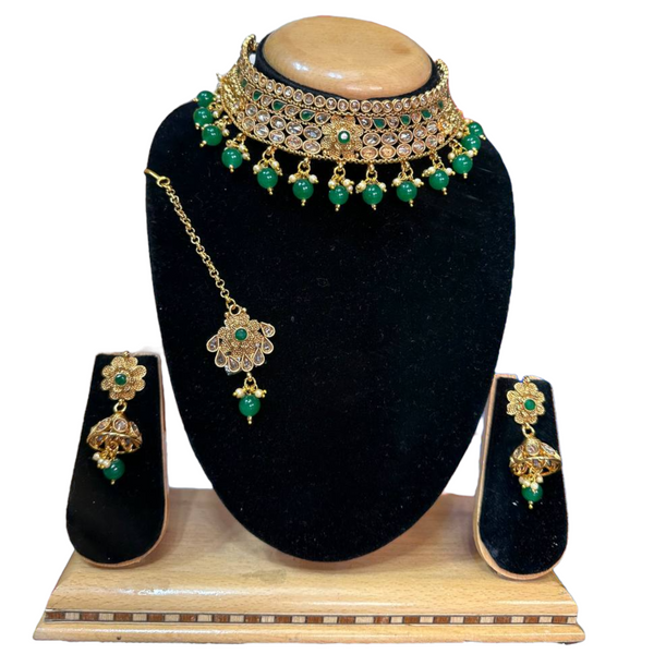 Gold Plated Reverse American Diamond Stones Choker Necklace Jhumka And Mang Tikka Set #RADC7