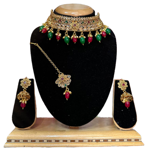 Gold Plated Reverse American Diamond Stones Choker Necklace Jhumka And Mang Tikka Set #RADC7