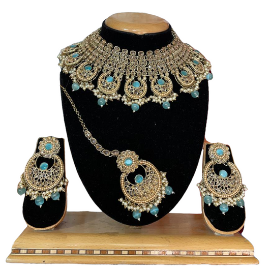 Bridal Mehendi Antique Finish Polki AD Necklace Earrings And Mangtikka Set #PB1