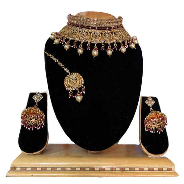 Gold Plated Reverse American Diamond Stones Choker Necklace Jhumka And Mang Tikka Set #RADC6