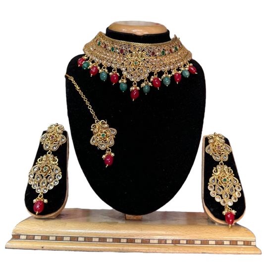 Gold Plated Reverse American Diamond Stones Choker Necklace Earrings  And Mang Tikka Set #RADC8