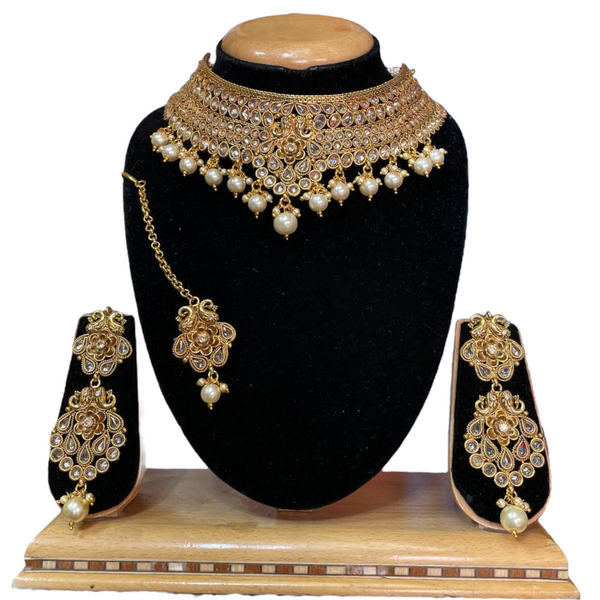 Gold Plated Reverse American Diamond Stones Choker Necklace Earrings  And Mang Tikka Set #RADC8