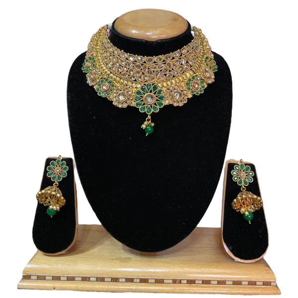 Gold Plated Reverse American Diamond And Emerald Green Stones Choker Necklace And Jhumka Earrings Set #RADC9