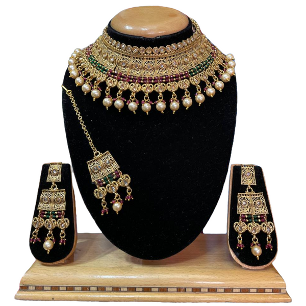 Gold Plated Reverse American Diamond Stones Choker Necklace And Jhumka Earrings Set #RADC10