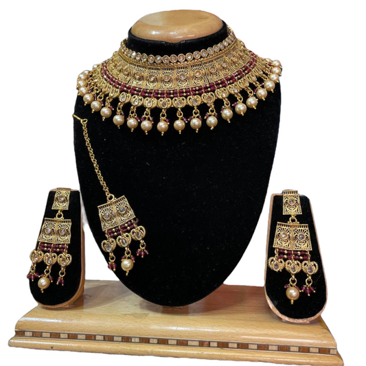 Gold Plated Reverse American Diamond Stones Choker Necklace And Jhumka Earrings Set #RADC10