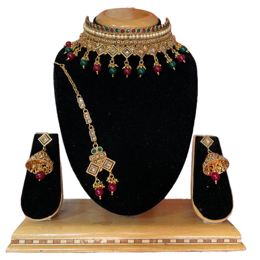 Gold Plated Reverse American Diamond Stones Choker Necklace And Jhumka Earrings Set #RADC11