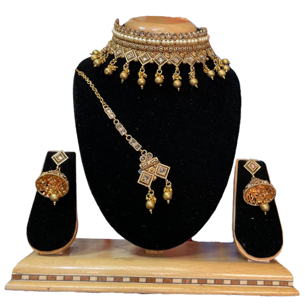 Gold Plated Reverse American Diamond Stones Choker Necklace And Jhumka Earrings Set #RADC11