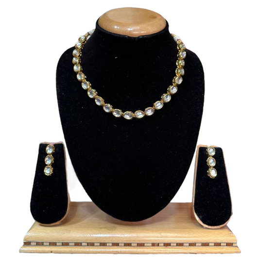 Oval Shape Kundan Single Line Necklace & Earrings Set #KSOS
