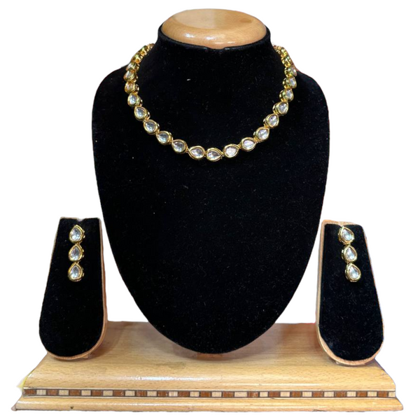 Tear Drop Shape Kundan Single Line Necklace & Earrings Set with Minakari #KSTDS