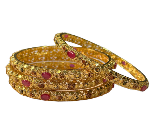 24k 1 Gram Gold Plated Hand Crafted With Ruby Stones 4pc Bangles Set GB5
