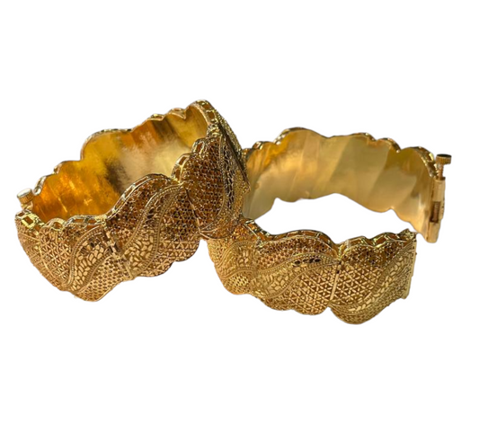 24k 1 Gram Gold Plated Hand Crafted 2pc Openable Kada Broad Bracelet Set GK2