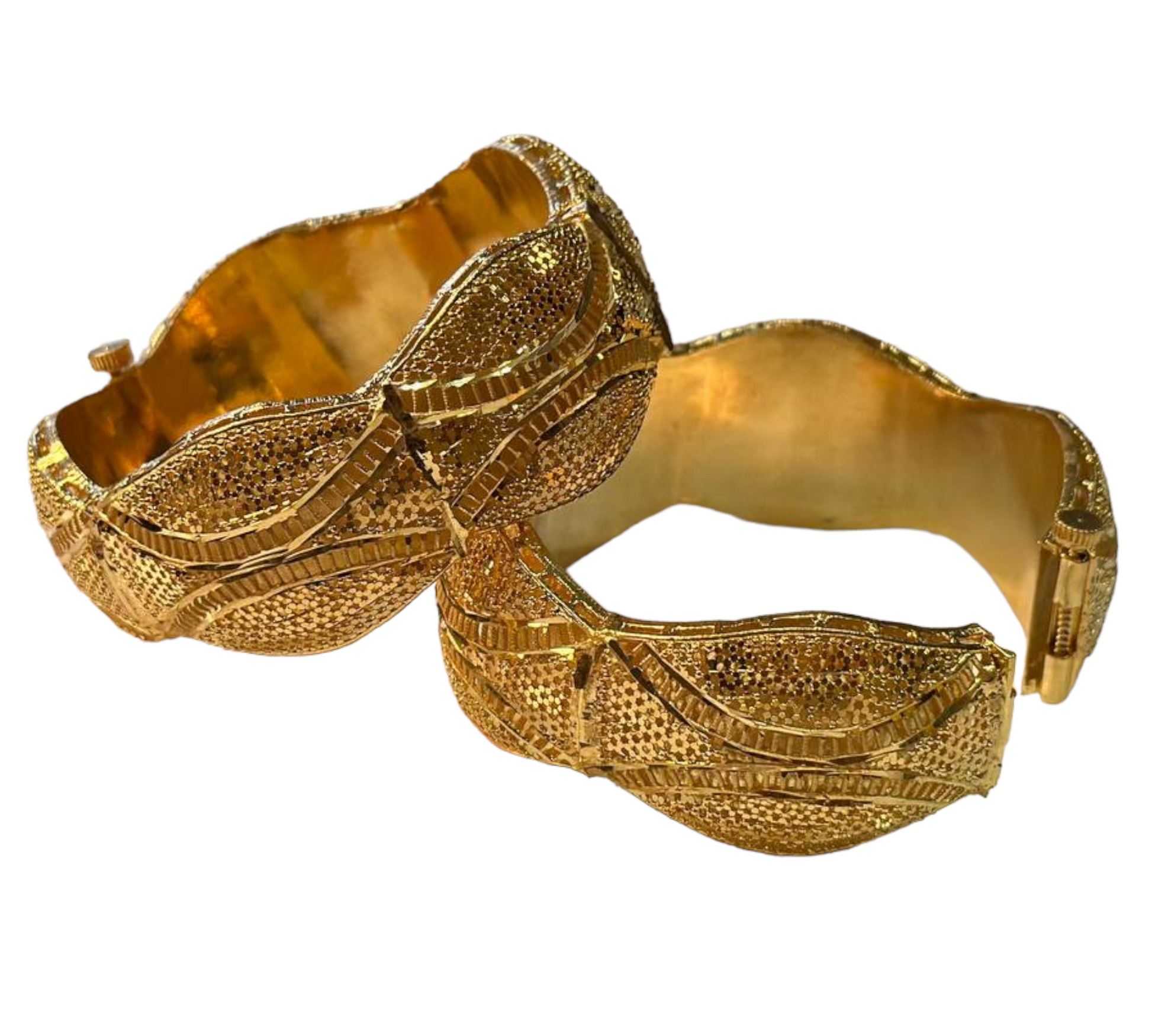 24k 1 Gram Gold Plated Hand Crafted 2pc Openable Kada Broad Bracelet Set GK4