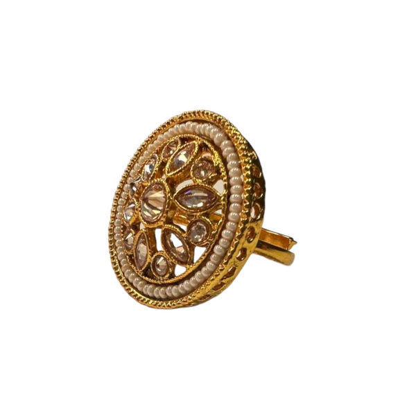 Gold Plated Polki Reverse American Diamond And Pearls Adjustable Finger Ring RAR5