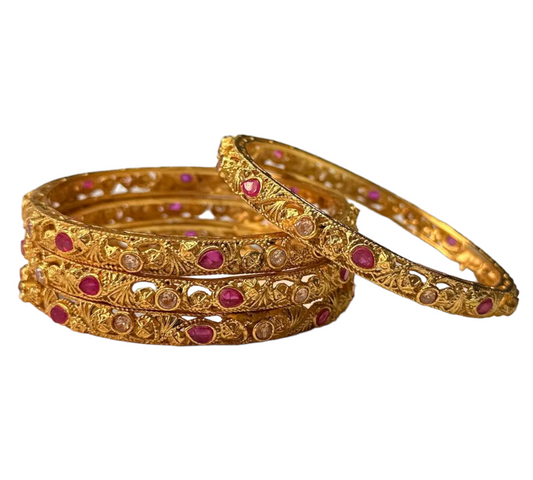 Gold Plated with Reverse American Diamond And Ruby 4pc Bangles Set RAB1