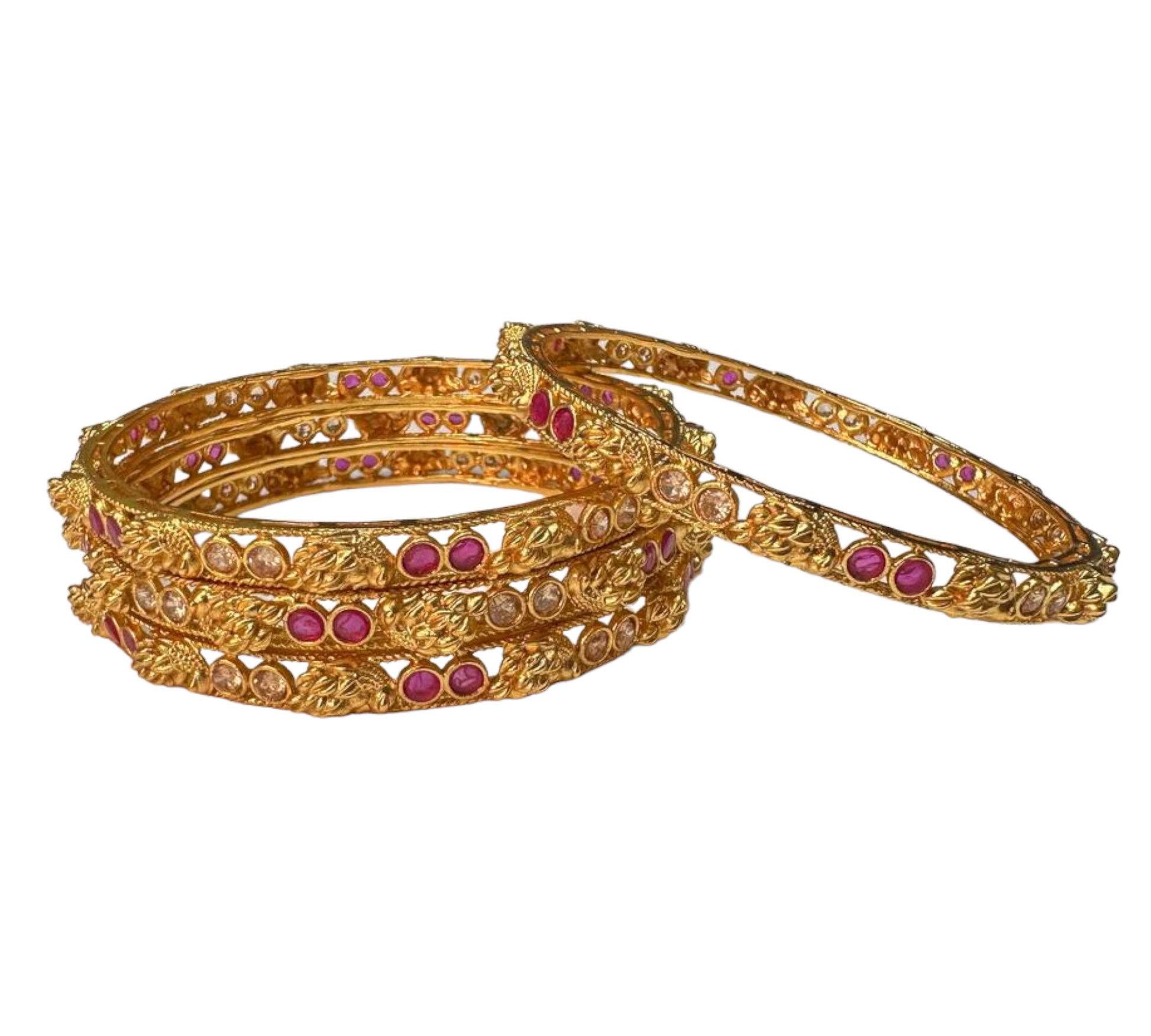 Gold Plated with Polki Reverse American Diamond And Ruby 4pc Bangles Set RAB10