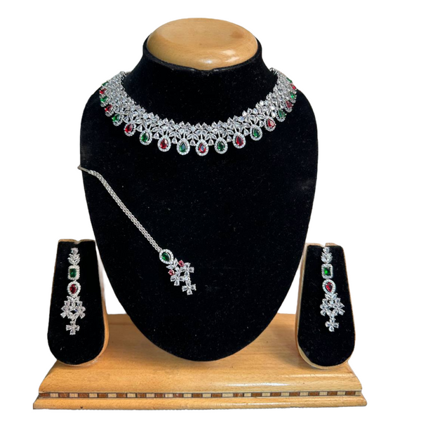 Silver Multi AD/CZ American Diamond Necklace & Earring Set ADS35