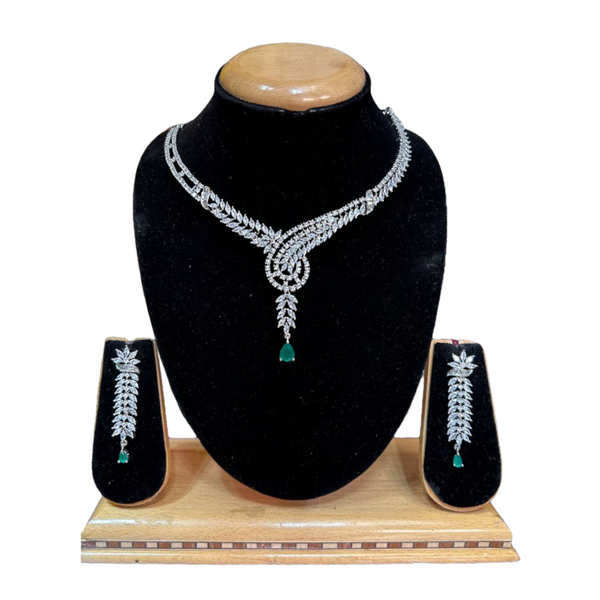 Silver With Emerald Green AD/CZ American Diamond Necklace & Earring Set ADS38