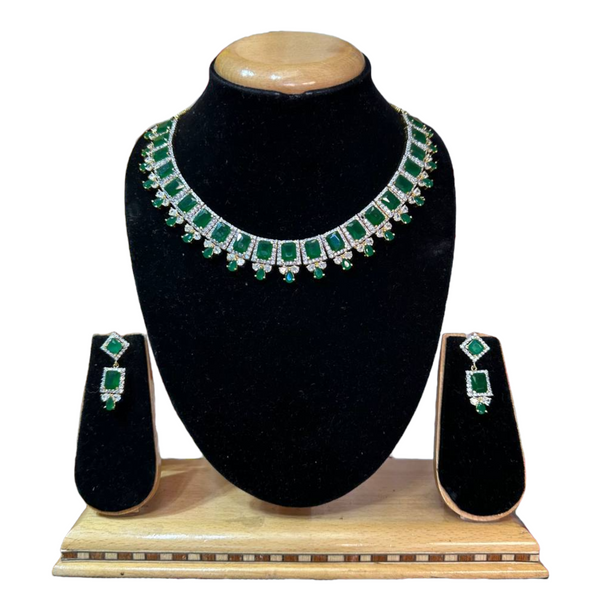 Gold Plated With Uncut Emerald Green AD/CZ  Necklace & Earring Set ADS42