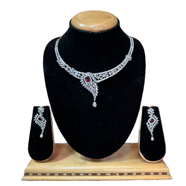 Silver Polish AD/CZ American Diamond Necklace & Earring Set ADS39