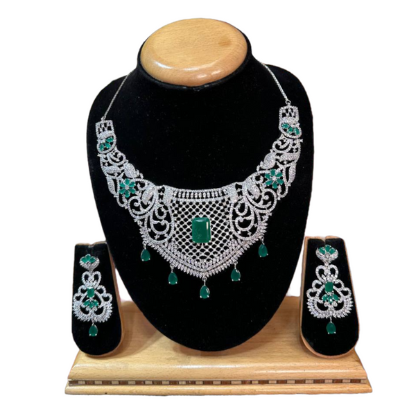 Silver Emerald Green AD/CZ Necklace & Earring Set ADS54